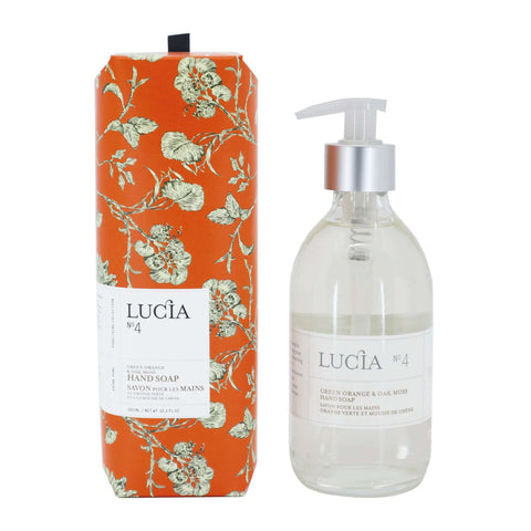 Lucia No. 4 Hand Soap – Green Orange & Oak Moss, Canadian-made vegan soap in designer bottle with citrus and earthy notes